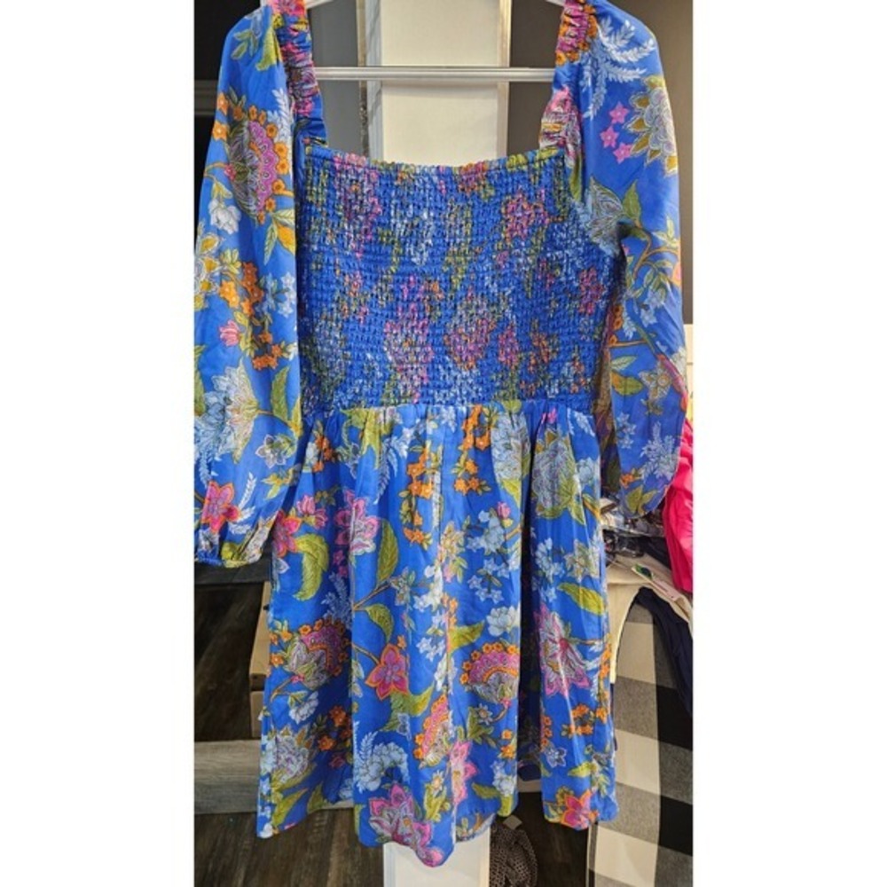 Vivid Blue cottagecore boho floral Smocked Mini Dress Long Puff Sleeve Womens L - Picture 1 of 9